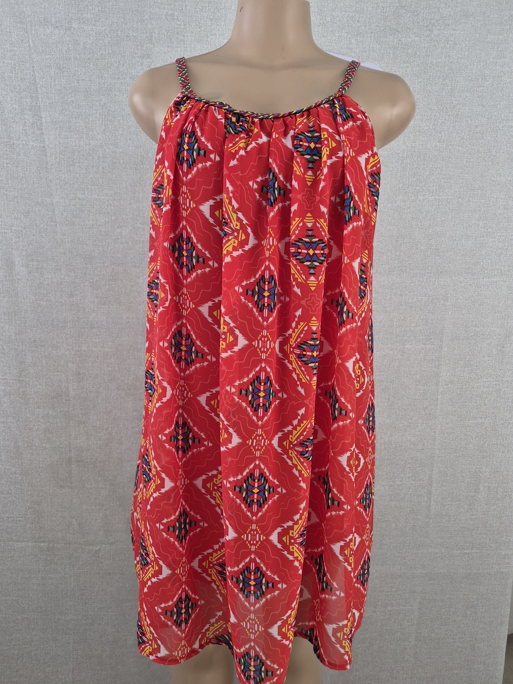 Pinky Red Midi Dress with Multicolor Trim